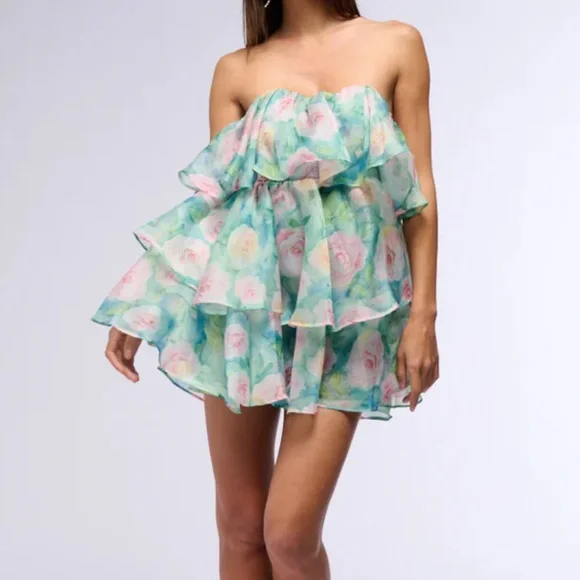 AKIRA Strapless Floral Dress - Blue and Pink - Picture 1 of 2